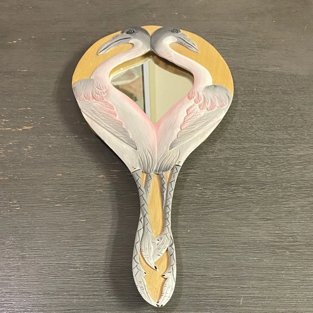 Elegant Crane Wall Mirror with Gold and Pink Accents